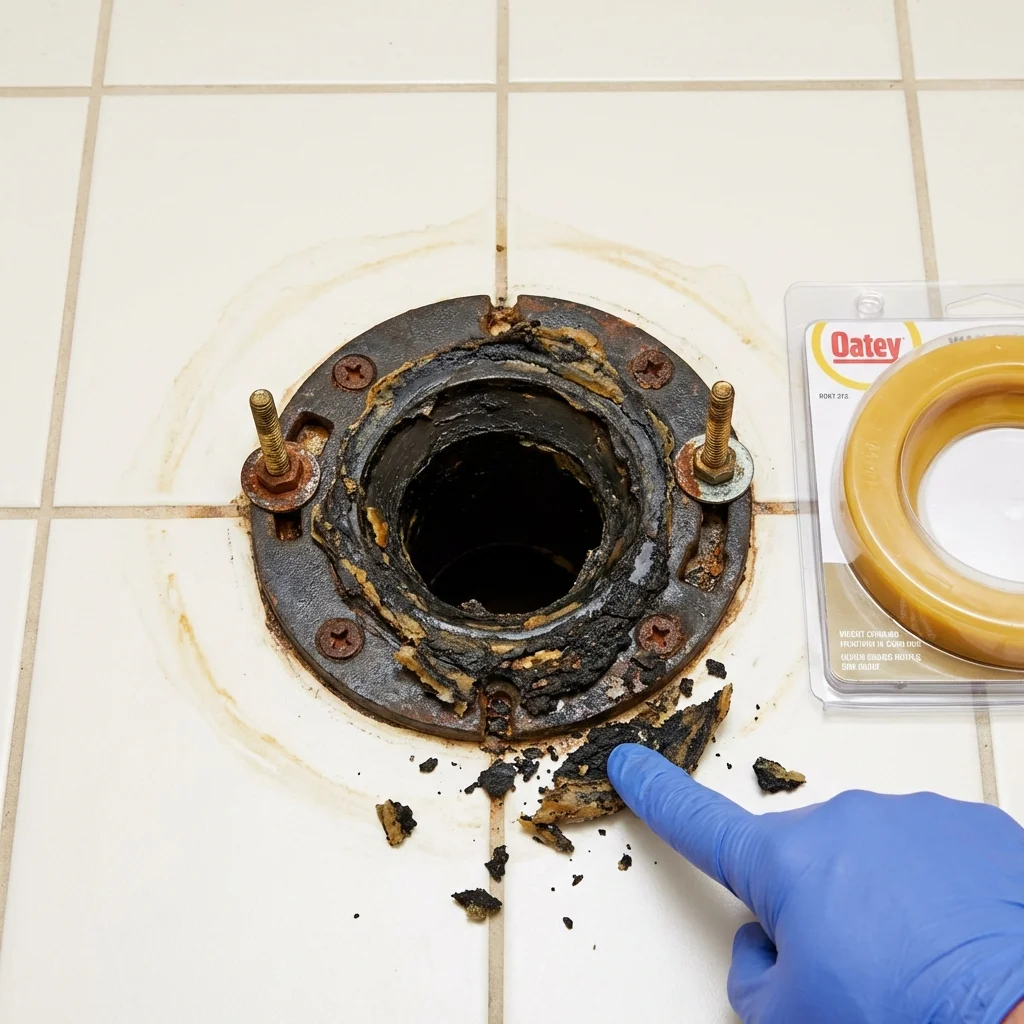 Failed wax ring showing water seepage at the base of a toilet in a Strasburg, CO home