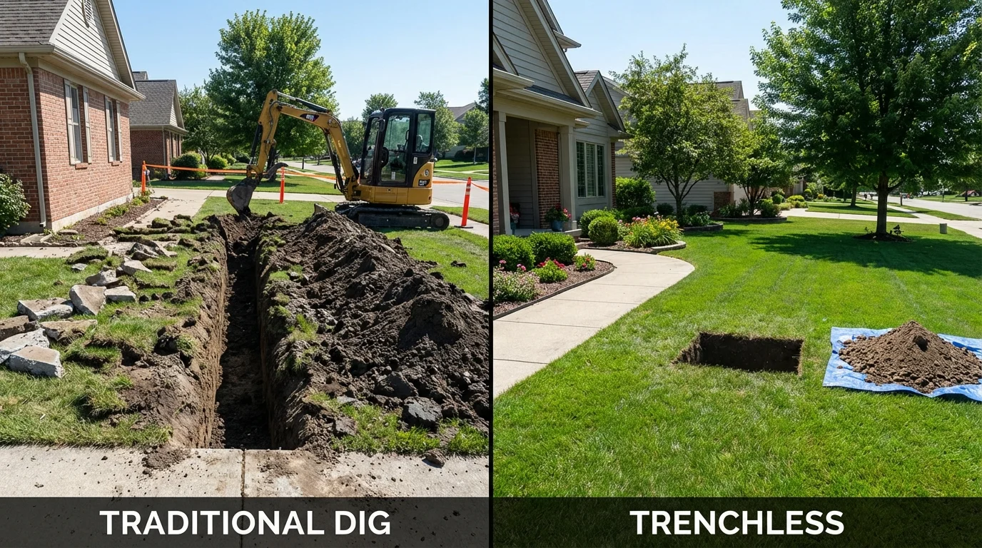 Trenchless sewer repair with minimal yard damage versus traditional excavation in Strasburg, CO
