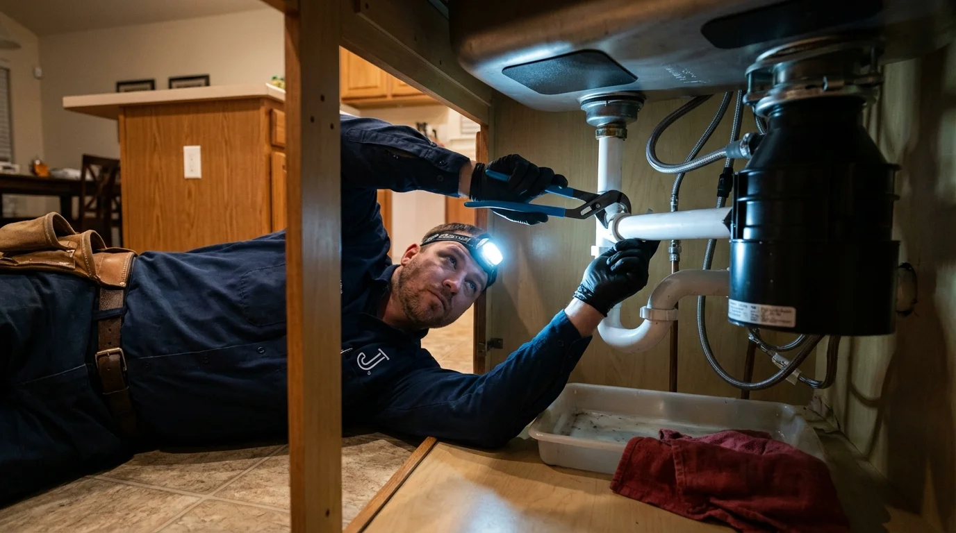 P-trap and supply line connections under a kitchen sink showing a common leak point in Strasburg, CO